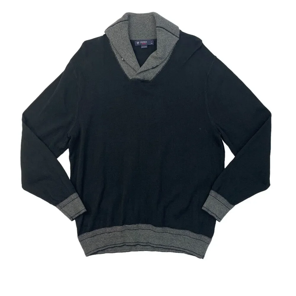 Cremieux Sweater Mens L Large Black Shawl Neck Cotton Pullover Long Sleeve